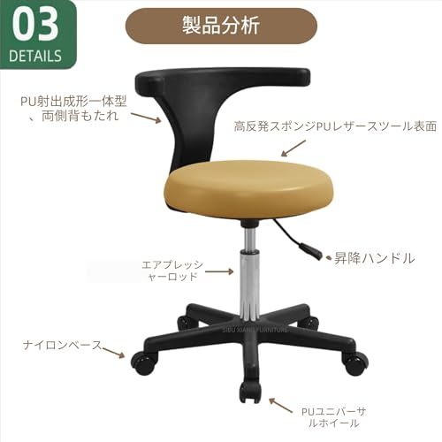 Zekonoデンタルチェア デンタルスツール 回転椅子 360 度回転 高さ調節可能 座面高さ調節 背もたれ付き 歯科医院・サロン・オフィス用 (グリーン,座面の直径36cm) [4]