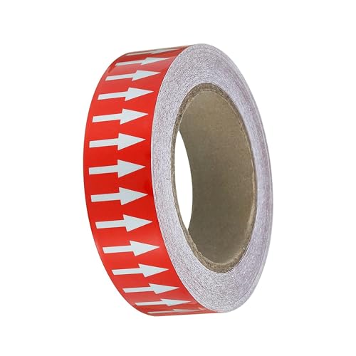 Image of Pipe Flow Arrow Tape Pipeline Arrow Stickers 1.2 Inch x 66 Ft (3cm x 20M) Pipe Identification Marking Arrow Labels with Reflective Strips for Pipe Flow Markers, Red /White