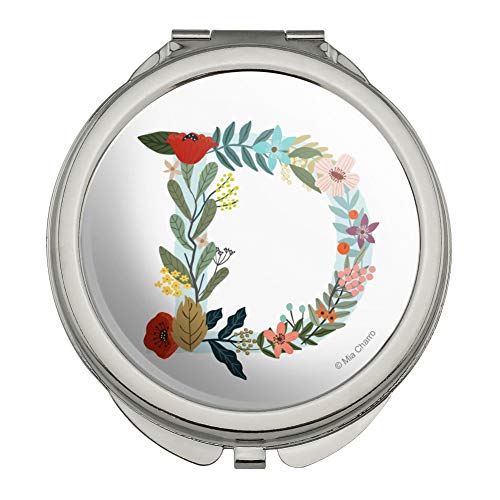 Letter D Floral Monogram Initial Compact Travel Purse Handbag Makeup Mirror