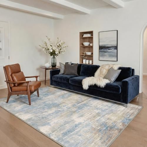 Image of BEIMO Area Rugs 8x10 for Living Room Bedroom, Modern Abstract Machine Washable Rug, Large Soft Low Pile Floor Cover with Non Slip Backing for Dining Room, Dusty Blue Beige