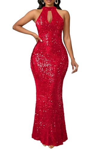 Image of VERWIN Sleeveless Halter Neck Sparkly Casual Party Cocktail Evening Bodycon Mermaid Maxi Sequins Dress