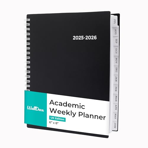 WallDeca Academic Planner 2025-2026, Daily, Weekly & Monthly Planner, July 2025 - June 2026, Student Notes Pages, Twin-Wire Binding Day and Weekly Agenda for School & Work (20 x 15 cm, Black)