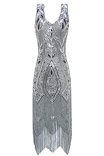 Metme Women's 1920s Flapper Dress Sequins Art Deco Fringed Sleeveless Gatsby Dress Grey Silver