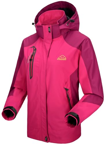 donhobo Women's Waterproof Ski Jackets,Outdoor Hiking Walking Raincoat Jacket Lightweight Windproof Windbreaker Coats with Hood Rose M