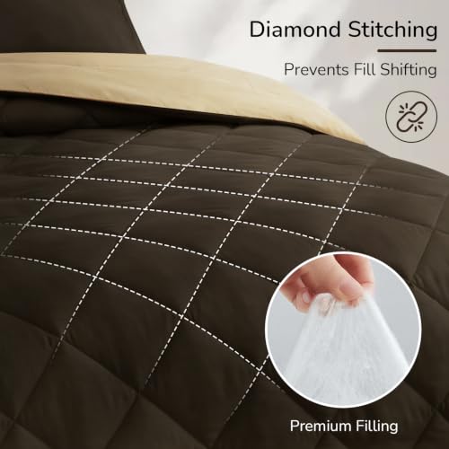 Image of downluxe 7 Pieces King Comforter Set with Sheets, Reversible Bed in a Bag for All Seasons with Comforter, Flat Sheet, Fitted Sheet, 2 Pillowcases and 2 Pillow Shams, Brown /Tan