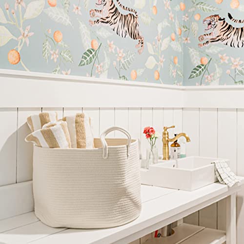 Image of OrganiHaus Round Toy Basket & Blanket Basket, Cotton Rope 20x13 inch | Full Off-White - Round Cotton Rope Basket, 20x13 inch