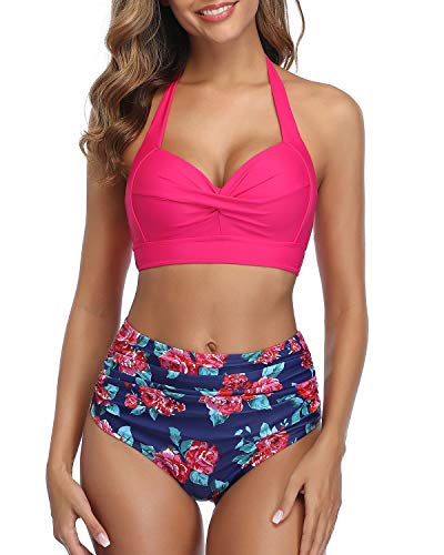 Tempt Me Women s Vintage Swimsuits Rose Red Retro Halter Ruched High Waist Bikini with Bottom M