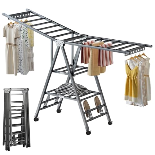Movable Drying Rack, 3 Tier Large Laundry Clothes Drying, منشر غسيل قابل للطي,Clothes Drying Rack Foldable with 4 Castors & Shoe Holder, Height-Adjustable Wings, for Indoor Outdoor - 170cm