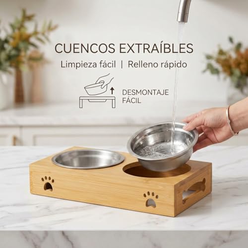 Miniatura 4 de Edipets, Comedero Perro Gato, Plato Simple, Doble, Bebedero Triple, Extraíble De Cerámica O Acero Inoxidable, Base De Bambú Antideslizante