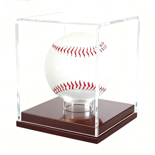 Baseball Display Case, Clear Acrylic Cube with Wooden Base
