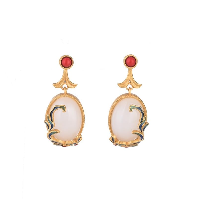 Boucles d'oreilles en Jade blanc et pierre rouge artisanales