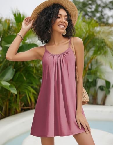 Ekouaer Womens Swimsuit Cover Up Spaghetti Straps Swim Dresses Beach Cover Ups Pleated Neck Bathing Suit Coverups — view 4