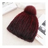 GENODA Gorro grueso para mujer, gorro de piel de visón de punto de invierno con pompones (vino)