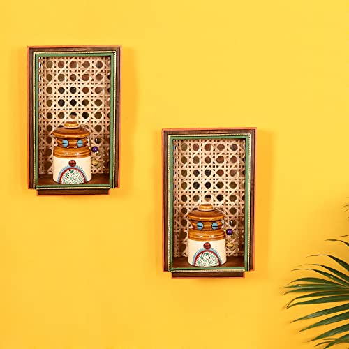 Image of AAKRITI ART CREATIONS Handcrafted Mirror Cane Hanging Shelf with Storage Barni Set of 2 | Wooden & Ceramic Wall Hanging Shelves with Storage Jars | Matte Finish Shelf for Kitchen & Living Room