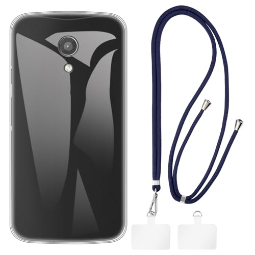 Shantime Case and Crossbody Lanyard Set Compatible with Motorola Moto G 2nd Gen Phone Cover and Adjustable Neck Strap with Metal Buckles and 2 Patches(Clear + Blue)