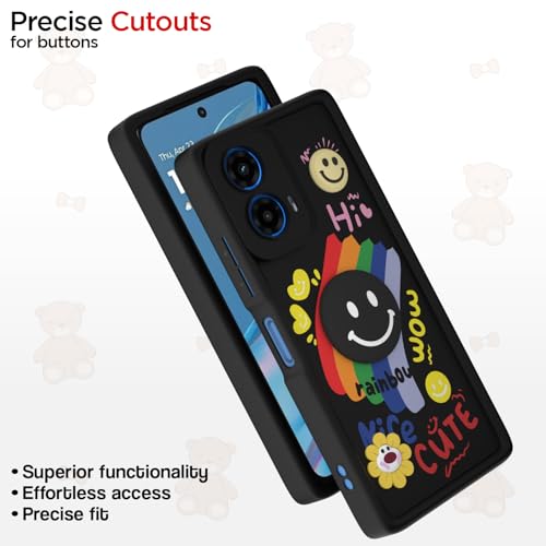 Image of Pikkme Back Cover for Motorola Moto G34 / G45 5G | Soft Silicone| Cute Rainbow Smile & 3D Cartoon Flower Design | Shockproof Raised Camera Protection Bumper Case (Black)