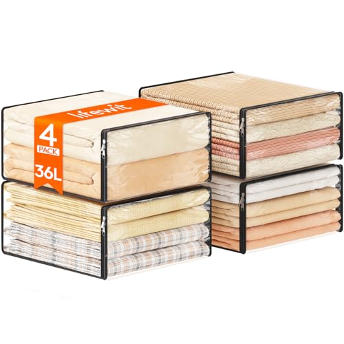 Lifewit 36L Clear Sheet Storage Bags with Zipper 4 Pack, Plastic Sweater Storage Bins for Clothing, Vinyl Foldable Clothes Containers Organizers for Closet, Blankets, Bedding 17.7 x 15.7 x 7.9 Inch