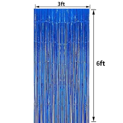 Image of 3 ft X 6 ft Blue Metallic Tinsel Foil Fringe Curtains for Anniversary Parties, Birthday Party or Any Other Celebration (3pc Blue Metallic Tinsel Foil Fringe Curtains)