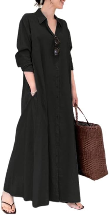 Bengbobar Women's Cotton Linen Dress for Women Long Sleeve Button Down Casual Waist V Neck Ruffled Maxi Dress with Pocket
