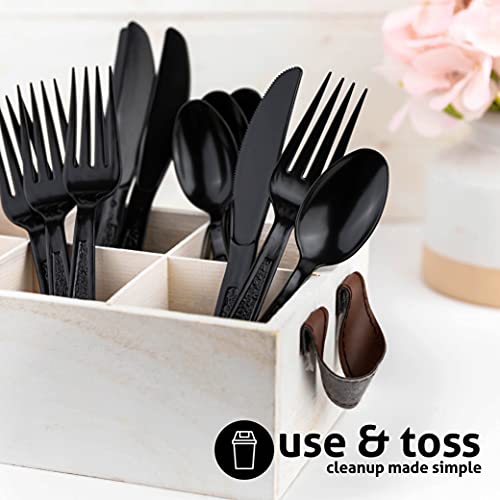 Heavy Weight Plastic Silverware Set - 200 Forks, 100 Knives, 100 Spoons - Disposable Cutlery Combo (Black) - Thumbnail 6