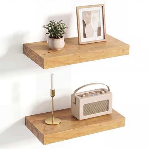Solid Wood Floating Shelves 16 Inch, Flat Edge, Heavy-Duty, Elm, 2pcs