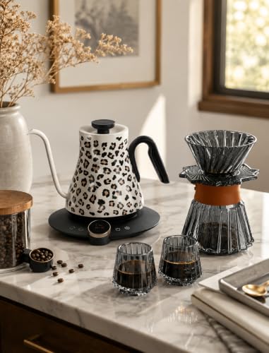 Image of Cocinare Oat Leopard Gooseneck Electric Kettle & Pour Over Coffee Set, ±0.5F Temperature Control, 1500W 0.9L Kettle, Coffee Dripper, 550 ml / 18.6 oz Server & 2 Tasting Cups