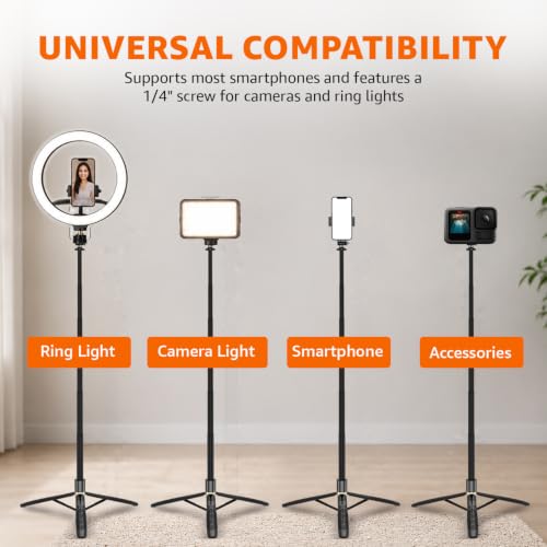 Image of Amazon Basics 61 inch Long Selfie Stick Tripod with Bluetooth Remote, Aluminium, 360 Rotatable Phone Holder, 1 /4 inch Screw for Camera & Ring Light, for Vlogging, Live Streaming & Travel