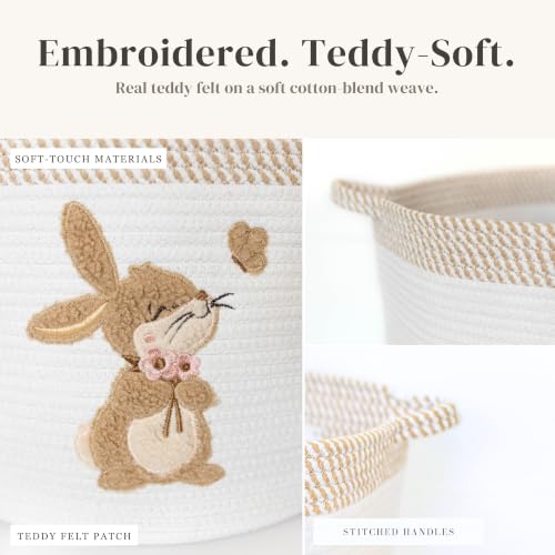 Image of Bunny Baby Storage Basket, Woven Cotton Rope Nursery Bin, 15x11 in | Stuffed Animal and Blanket Storage, Embroidered Bunny Patch, Neutral Nursery Decor, Baby Shower, Playroom Organizer