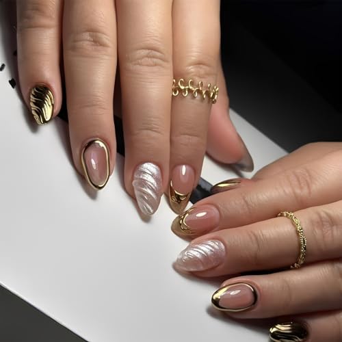 24pcs Press On Nails, Artificial Nails Extension Kit, Fashion Nail Art for Parties, Weddings, DailysWear, Golden Color