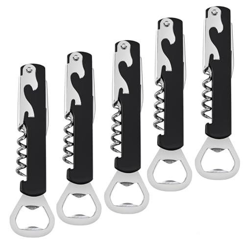 5 Piezas Sacacorchos Camarero Profesional,Sacacorchos para Vino con Cuchillo,3 in 1 Abrebotellas (Negro)- Incluye doble palanca articulada, navaja cortacápsulas y abrebotellas