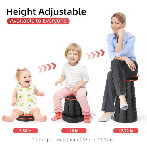 Image of Portable Folding Stool Adjustable Telescopic Retractable Seat with Carry Strap, Round Compact Foldable Camping Chair for Hiking, Fishing, Travel, Picnic, Outdoor & Indoor Use for Adults & Kids