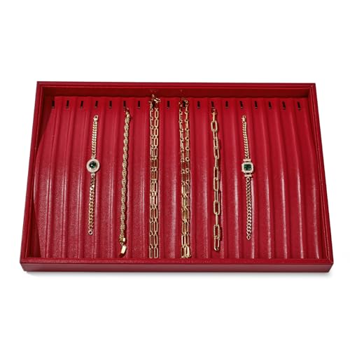 Luxury Leather Jewelry Tray Necklace Display Tray Jewelry Organizer Drawer Necklace Bracelet Holder Organizer Tray Stackable Jewelry Trays Necklace Bracelet Display Storage (Red)