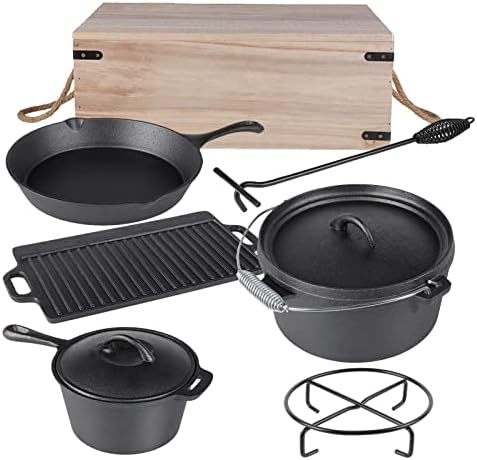 Cast Iron Dutch Oven, 7 pcs Dutch Oven Set with Wooden Box, Pre-seasoned, Multifunctional Camping Pot, for Garden, Patio, Outdoor
