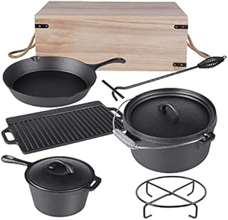 Cast Iron Dutch Oven, 7 pcs Dutch Oven Set with Wooden Box, Pre-seasoned, Multifunctional Camping Pot, for Garden, Patio, Outdoor