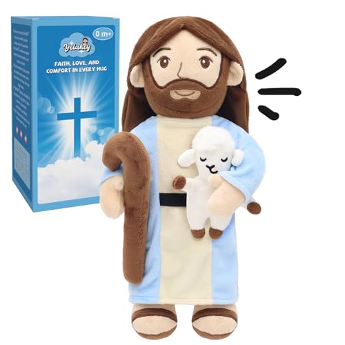 Yelakey Good Shepherd Jesus Plush Talking Doll - 15'' Soft Jesus Holding Lamb Plush Toy Speaks 1 Story, 5 Bible Verses and 2 Children’s Songs Christian Plush Toy Gift for Kids, Easter & Sunday School