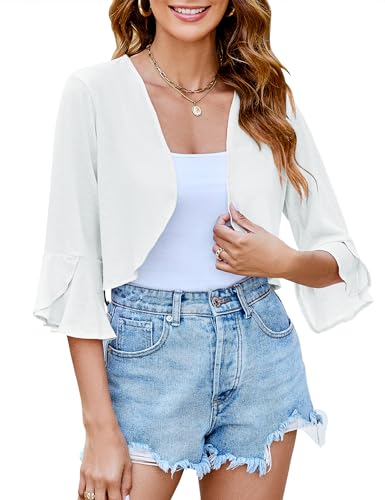 LOMON 3/4 Sleeve Cropped Cardigan for Women Lightweight Open Front Bolero Shrug for Dresses