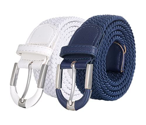 [2 Pack] Mio Marino Stretch Belts for Men - Golf belt & Jean Elastic Belt - Gift Box- Navy/White - Large (40-44