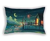 Anime Japanese Koi Fish Pillow Case,Anime Kawaii Standard Pillow Cover 20'x30' Inches,Midnight Village Green Scenery Pillowcase,Boy Sit on Bridge Pillowcases Sofa Bedding Home Decoration