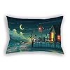 Anime Japanese Koi Fish Pillow Case,Anime Kawaii Standard Pillow Cover 20"x30" Inches,Midnight Village Green Scenery Pillowcase,Boy Sit on Bridge Pillowcases Sofa Bedding Home Decoration