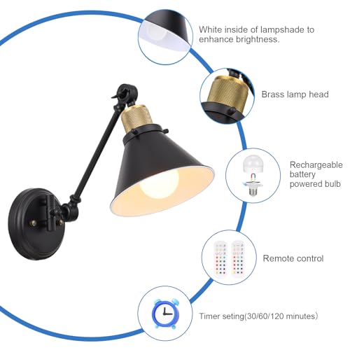 Image of TRLIFE Rechargeable Battery Operated Wall Sconce, Dimmable and Adjustable Color Temperature Wireless Wall Sconces Set of 2 with Remote Control, Swing Arm Wall Mounted Light for Bedroom Bedside Hallway