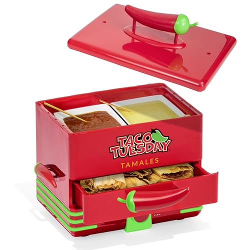 Nostalgia Taco Tuesday Tamales Steamer - Veggie, Pot Sticker, Hot Dog, Egg, & Hot Tamale 2 Tier Food Steamer – Red and Green
