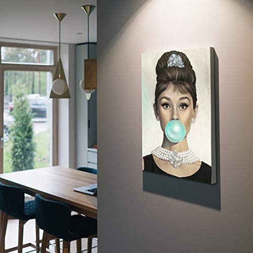 Denozer - Van Eyck Audrey Hepburn Tiffany Blue Bubble Gum Canvas Wall Art for Bedroom Decor Bar Decoration Living Home Decorations - 16x24 inches