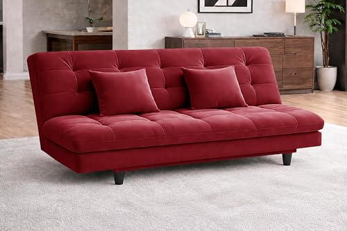 Image of Rosebell Modern Three-Seater Sofa Cum Bed Foldable Velevt Fabric Sofa, Soft Foam Seating, Stylish Design for Living Room, Guest Room & Office - Red Color