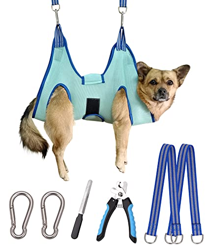 Kkiimatt Haustierpflege-Hängemattengeschirr,Hundepflege-Hängematte kleine Hunde,Hundenageltrimm-Hängematte mit Nagelknipser,Hundehängematte zur Pflege mit breitem Riemen (Small 12 KG Max/Türkis)