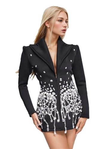 Women Patchwork Rhinestones Blazer Female Lapel Long Sleeve High Waist Spliced Sequins Blazer