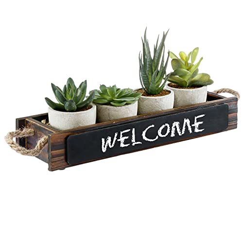 MyGift 5 Piece Artificial Plant Display Set, Mini Assorted Faux Succulents, Indoor Fake House Plants Centerpiece in Concrete Planters, Dark Brown Wood Window Box with Chalkboard Label and Rope Handles