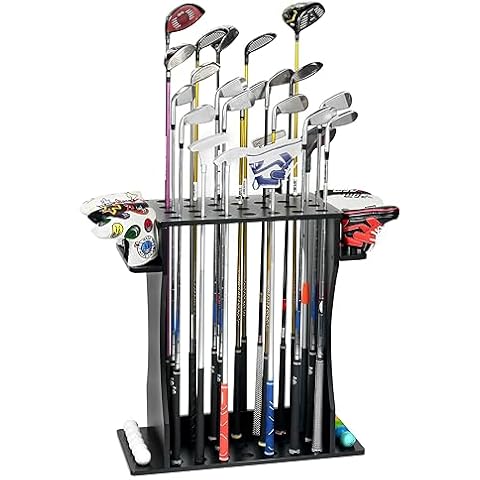 XCSOURCE Wooden Golf Club Holder, Golf Putter Stand Floor Display Rack, Golf Club Rack for 27 Clubs, Golf Balls, 8 Putter Covers Storage, Golf Club Organizer for Indoor Home Club Garage Simulator Cover