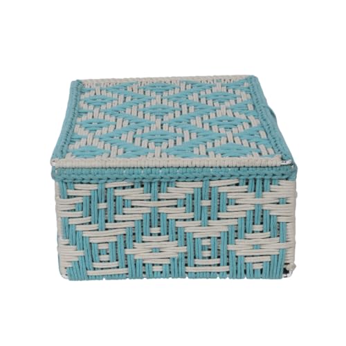 Image of Kaahira Handmade Decorative Storage Box and Organiser | Macrame Gift Hamper Box for Cosmetics, Toiletries & Return Gifts | Aesthetic Rope Woven Organizer (Sky Blue and White, Small - 9x6x4)