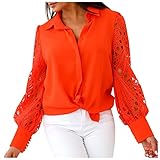 Mebamook Ladies Tops, White Tie Front Tops for Women, Women's Shirts Work Tops Work Women's Solid Color Lace Long Sleeve Splicing Casual Button Down Shirt Blouse Tops to Hide Belly Mens (XXL, Orange)