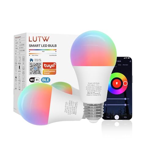 LUTW Lampadine Alexa Inteligente WiFi E27, Lampadina Smart Dimmerabile RGB 2700K-6500K 9W 900lm, Bluetooth e WiFi 2.4GHz, Compatibile con Alexa e Google Home, 2 pezzi (Nessun Hub Necessario)